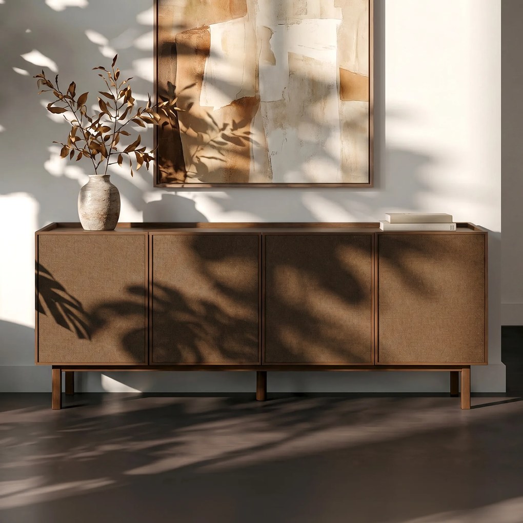 Walnoot Dressoir Met Stoffen Deuren 180 Cm - 180x40x60cm.