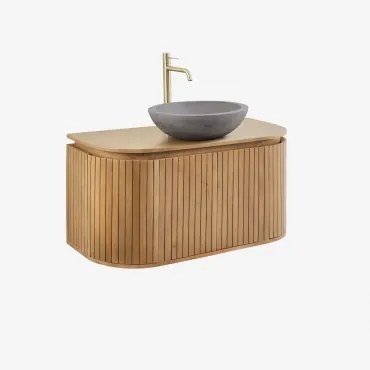 Conjunto Vaniteitmeubel 90x40 Cm Zwevend In Mangohout Analis Mangohout & Rond Grijs Cement Ø40 Cm Tarsis & Spiegelloze & Geborsteld Goud ↑30 Cm Met Af