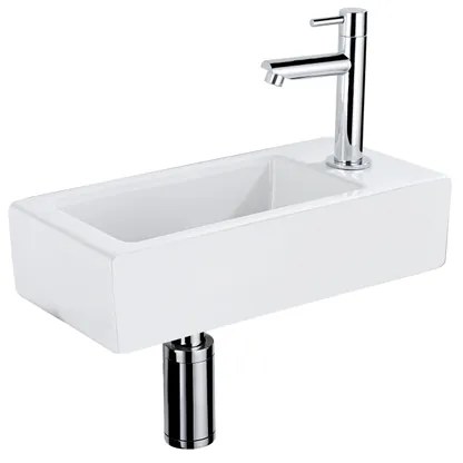 QeramiQ Fuente Fonteinset - 37.5x18.5x9cm - keramiek - kraangat rechts - fonteinkraan chroom - afvoerplug - verlaagd sifon - Mat wit SW1122446/SW696209/SW696219/SW696234