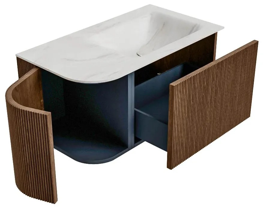 Mondiaz Kurve-dlux 85cm badmeubel ronding links walnut met 1 lade en deur en wastafel cloud kraangat rechts ostra