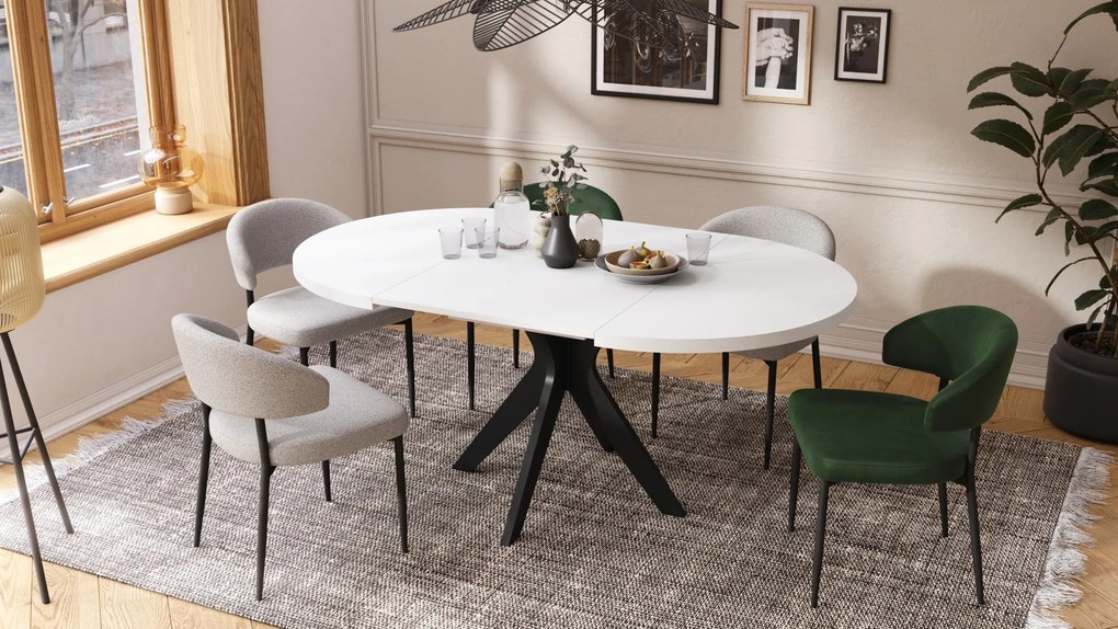 RENZO Wit/zwarte poot - RONDE TAFEL Ø110 UITKLAPBAAR TOT 180 cm | VOOR DE KEUKEN EETKAMER WOONKAMER RETRO