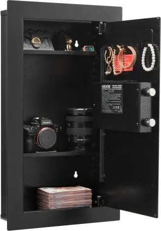 VEVOR wandkluis met wachtwoord en sleutel, ingebouwde behuizing van koudgewalst staal Q235 met verstelbare planken en ledverlichting, kastkluis, ingebouwde kluis voor geld, sieraden, paspoort