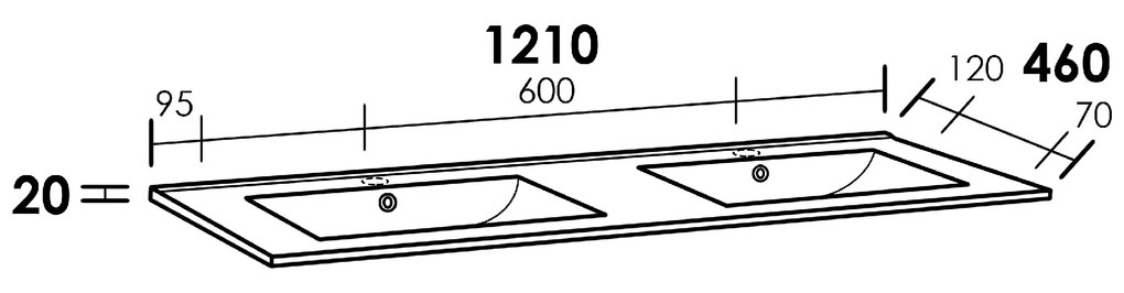 Sanituba Empoli dubbele wastafel keramiek met twee kraangaten 120cm