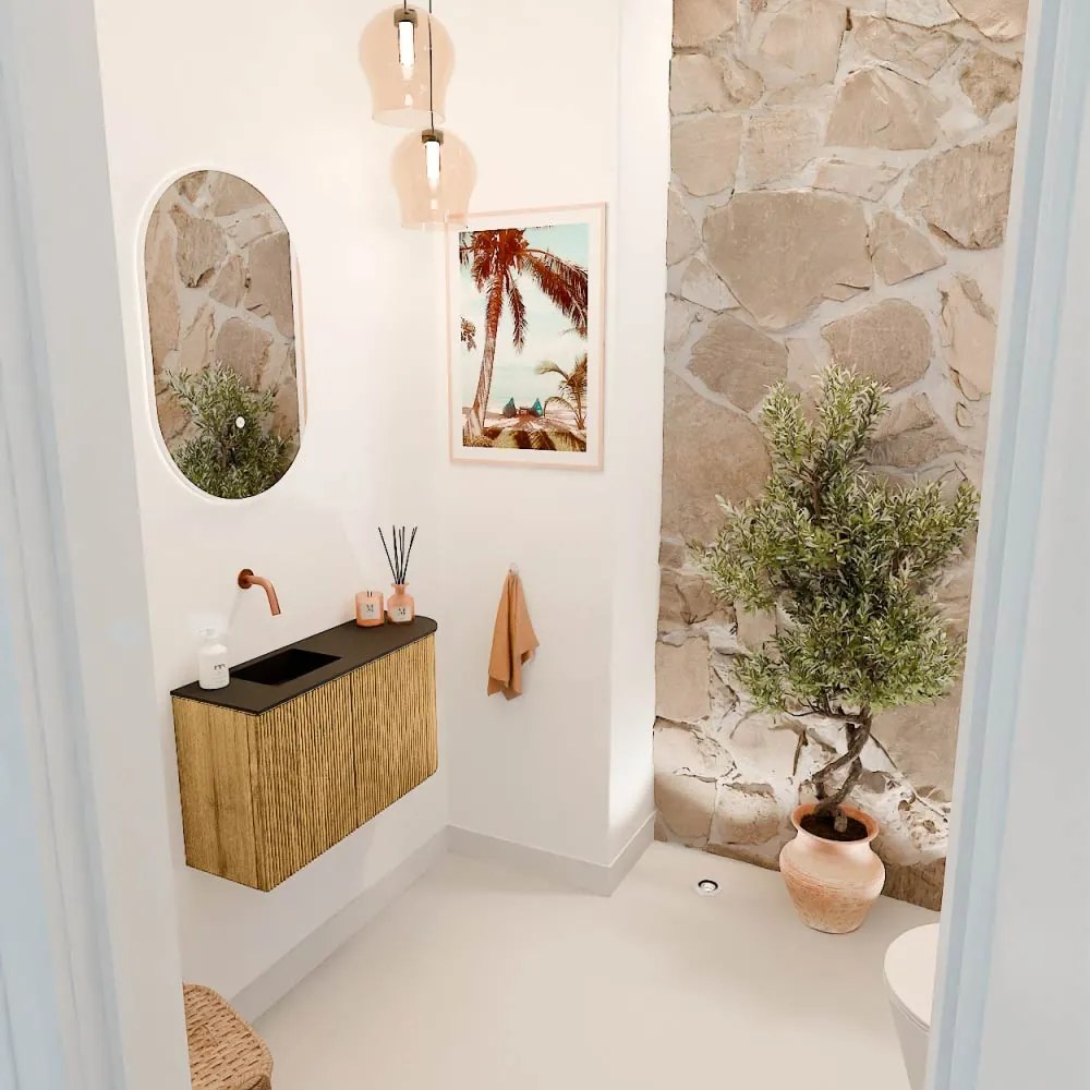 Mondiaz Joya 70cm toiletmeubel ronding rechts oak met wastafel faye links zonder kraangat urban
