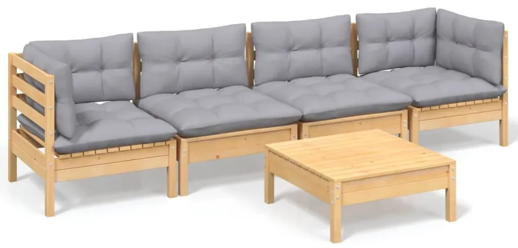 vidaXL 5-delige Loungeset met grijze kussens massief grenenhout