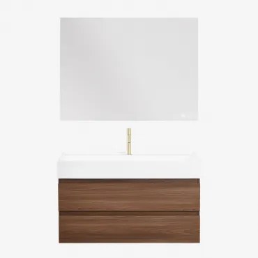 Ona Zwevend Badkamermeubelset Van Hout En Essenfineer Met Geïntegreerde Wastafel Donker Hout & Rectangular Led And Antifog 120x90 Cm Riben - Sklum