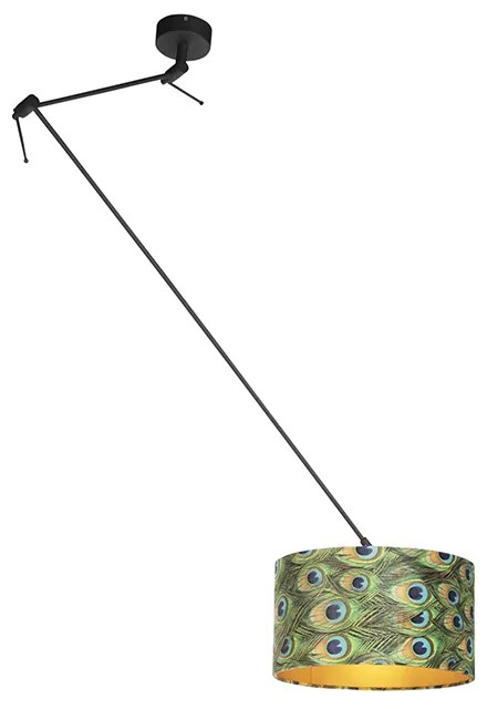 Hanglamp zwart met velours kap pauw met goud 35 cm - Blitz