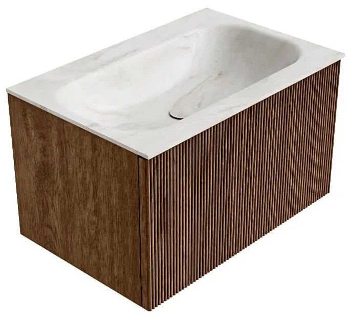 Mondiaz Kurve-dlux 70cm badmeubel walnut met 1 lade en wastafel big small midden 1 kraangat ostra