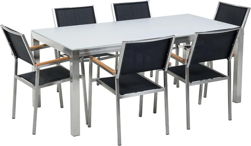 Tuinset glas/RVS wit enkel tafelblad 180 x 90 cm met 6 stoelen zwart GROSSETO