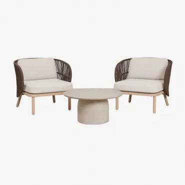 Tuinset Met 2 Stoelen Van Gevlochten Touw Capri En Een Ronde Salontafel Ø75 Cm Van Layana Cement Bruin – Chocolade - Sklum