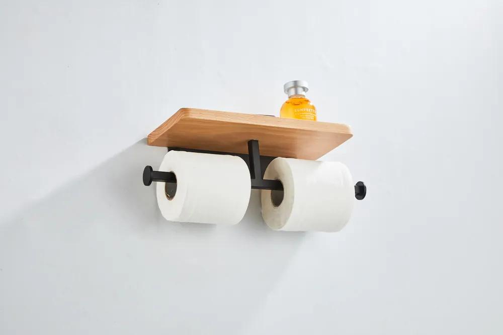 Saniclear Lumber dubbele toilet rolhouder met plank mat zwart walnoothout