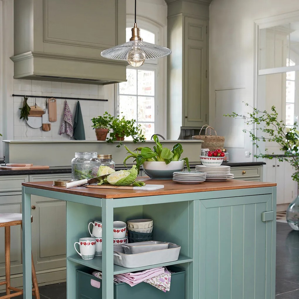 Hanglamp in messing en geribbeld glasØ35,5 cm, Iloa