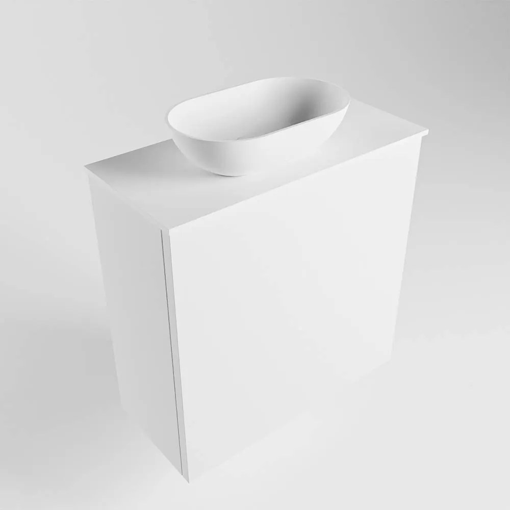 Mondiaz Fowy toiletmeubel 50cm talc met witte waskom links en kraangat