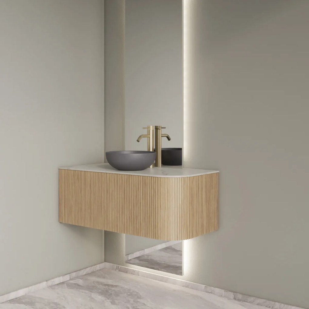 Gliss Design Alluro badmeubel ribbelfront met ronding rechts 100cm mist en wit marmer toppaneel