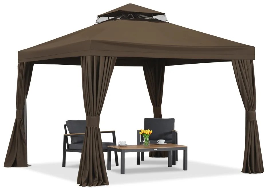 Bruin tuinpaviljoen met gordijnen Valencia 3x3m Garden Point