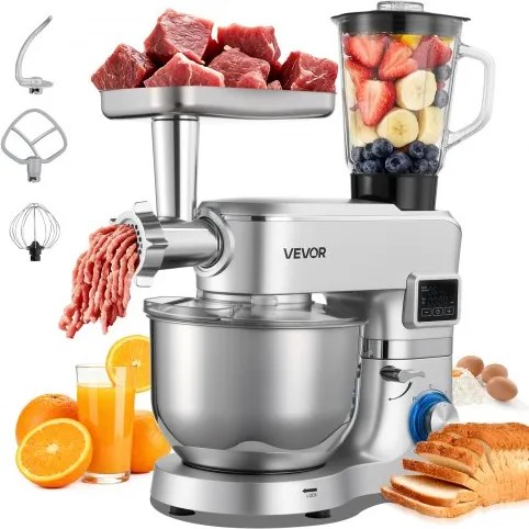 VEVOR Multifunctionele elektrische keukenmachine 1500 W met roestvrijstalen kom (5,7 L) en mengkom (1,5 L), deegmixer met 6+P snelheden, deeghaak, garde en klopper.
