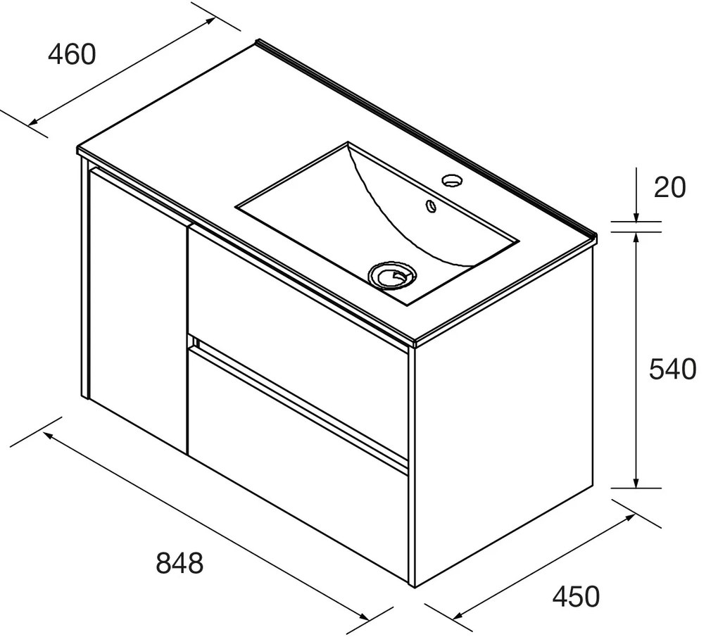 Muebles Project badmeubel 85cm met 2 lades rechts en wastafel zwart mat