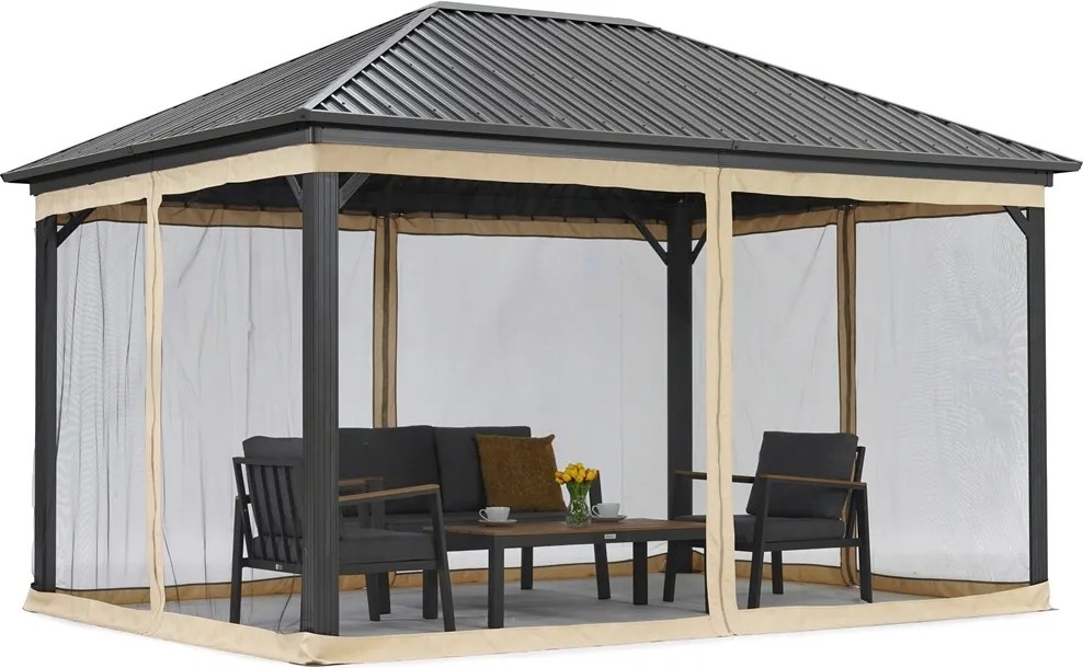 Metalen tuinhuis Sardinië 3x6 met klamboe Garden Point beige