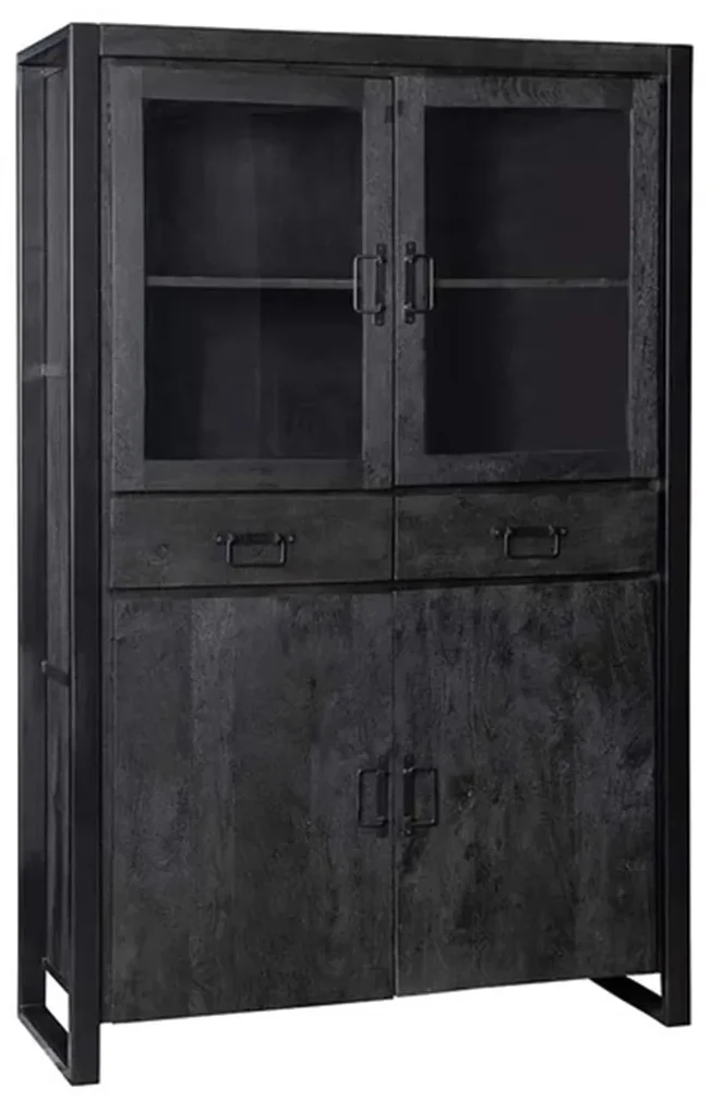 Starfurn Boaz Black Zwarte Vitrinekast Van Mangohout - 115x45x180cm.