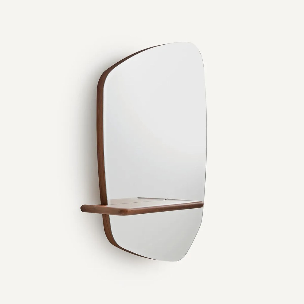 Asymmetrische spiegel met notenhouten plank, hoogte 88,7 cm, NELLA