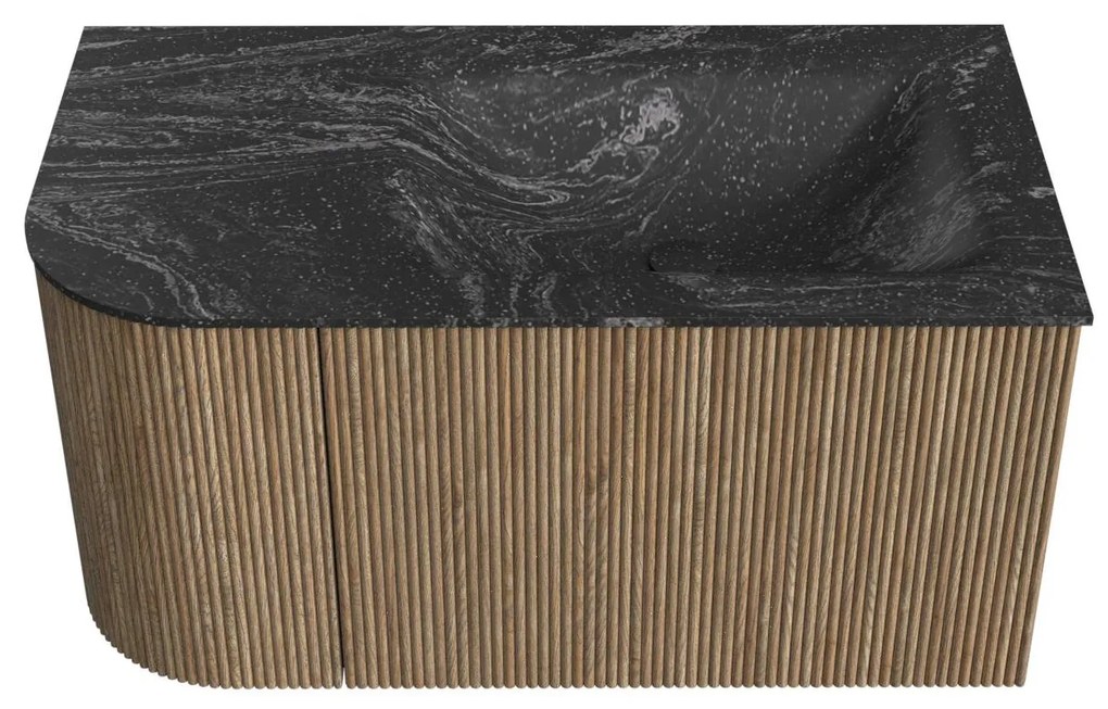Mondiaz Kurve-dlux 85cm badmeubel ronding links dusk met 1 lade en deur en wastafel cloud rechts zonder kraangat lava