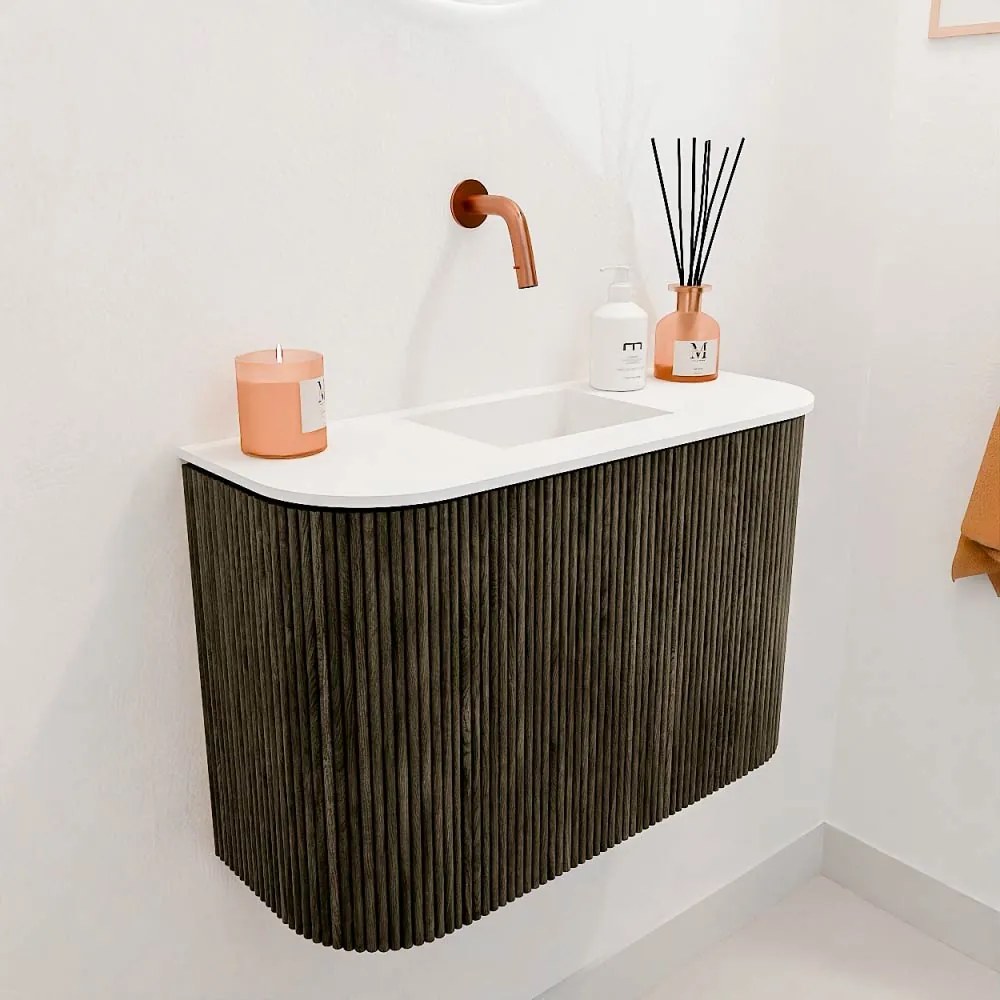 Mondiaz Joya 65cm toiletmeubel ronding links/rechts shadow met wastafel faye midden zonder kraangat talc