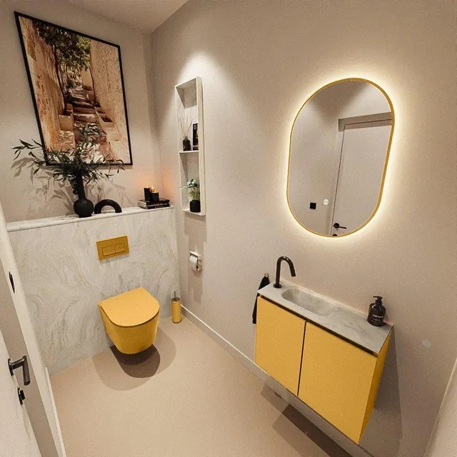 MONDIAZ TURE-DLUX 60cm toiletmeubel Ocher. EDEN wastafel Ostra positie links. Met 1 kraangat. TUREDX60OCHL1OST