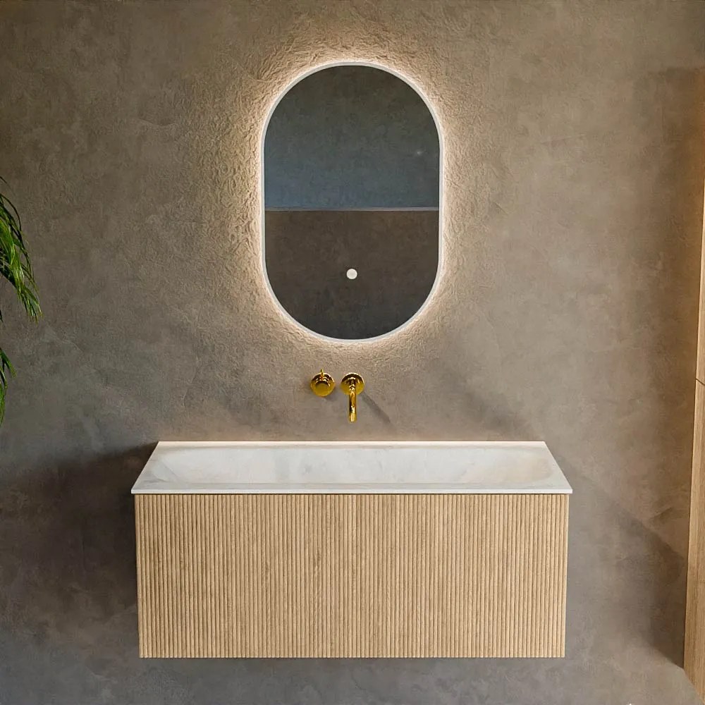 Mondiaz Kurve-dlux 100cm badmeubel oak met 1 lade en wastafel big medium midden zonder kraangat opalo