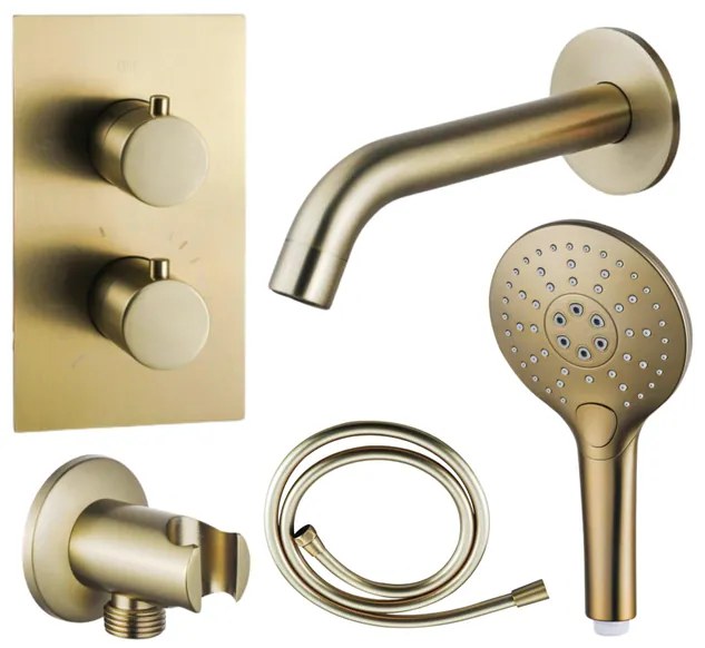 Fortifura Calvi Badkraan set - uitloop - 22cm inkortbaar - gladde slang - ronde handdouche - inbouwdeel - wandhouder - geborsteld messing SW720569/SW728176/SW799451/SW1122513/SW720570