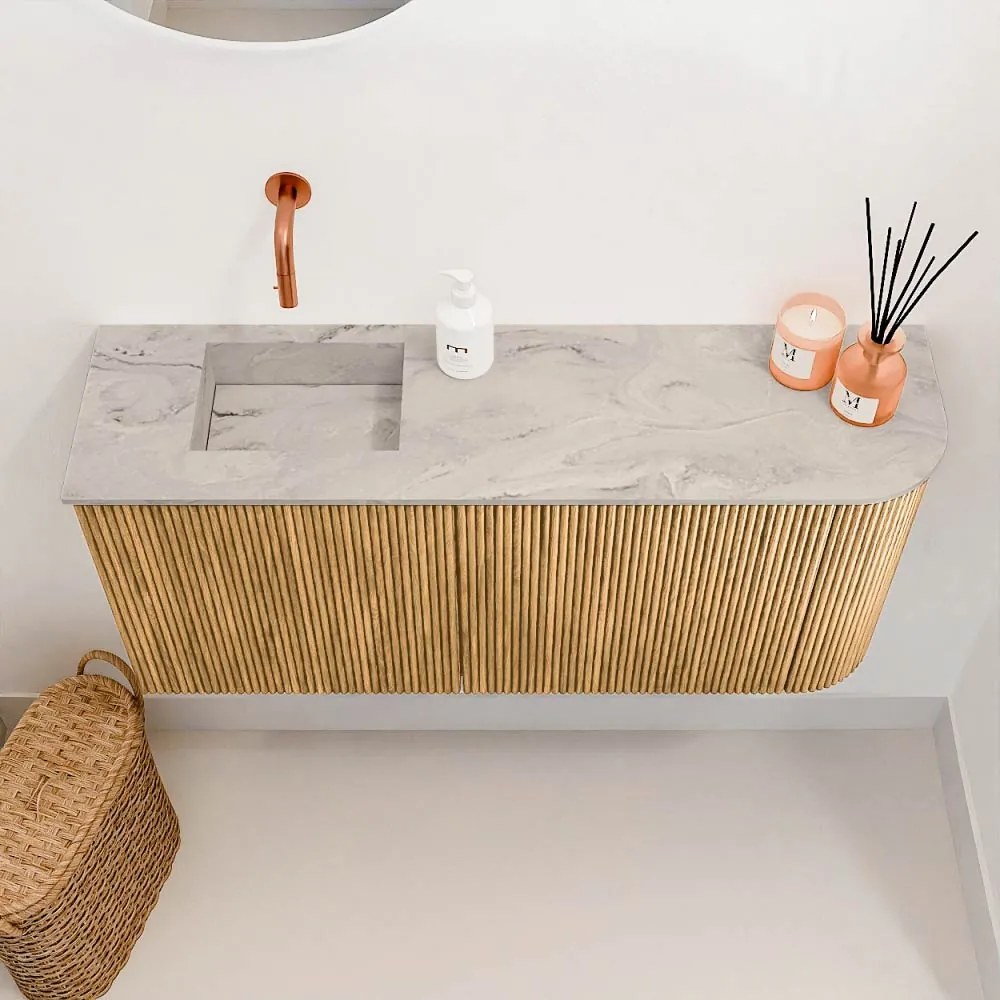 Mondiaz Joya DLux 90cm toiletmeubel ronding rechts oak met wastafel faye links zonder kraangat glace