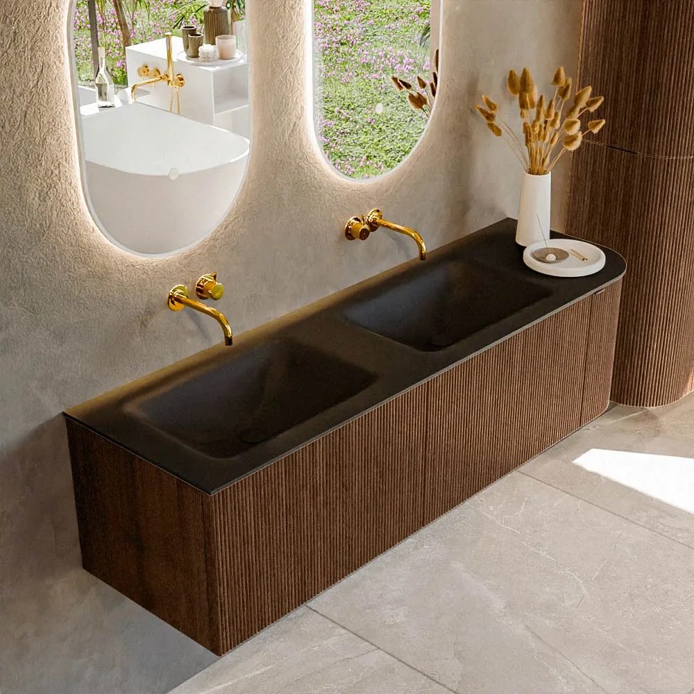 Mondiaz Kurve 155cm badmeubel ronding rechts walnut met 2 lades en 1 deur en wastafel cloud dubbel/links zonder kraangat urban