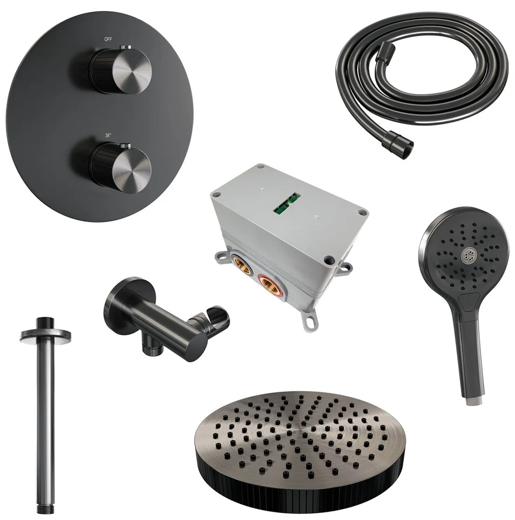 Brauer Stripe inbouw regendouche rond met 25cm hoofddouche, plafondarm en 3 standen handdouche set 42 gunmetal geborsteld PVD