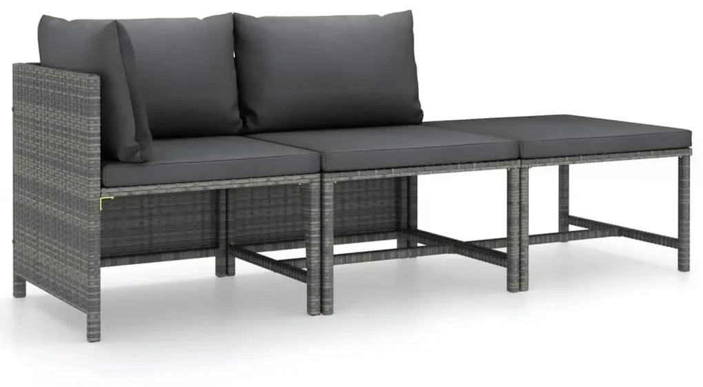 vidaXL 3-delige Loungeset met kussens poly rattan grijs