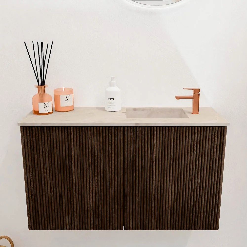 Mondiaz Joya DLux 70cm toiletmeubel walnut met wastafel faye rechts 1 kraangat frappe
