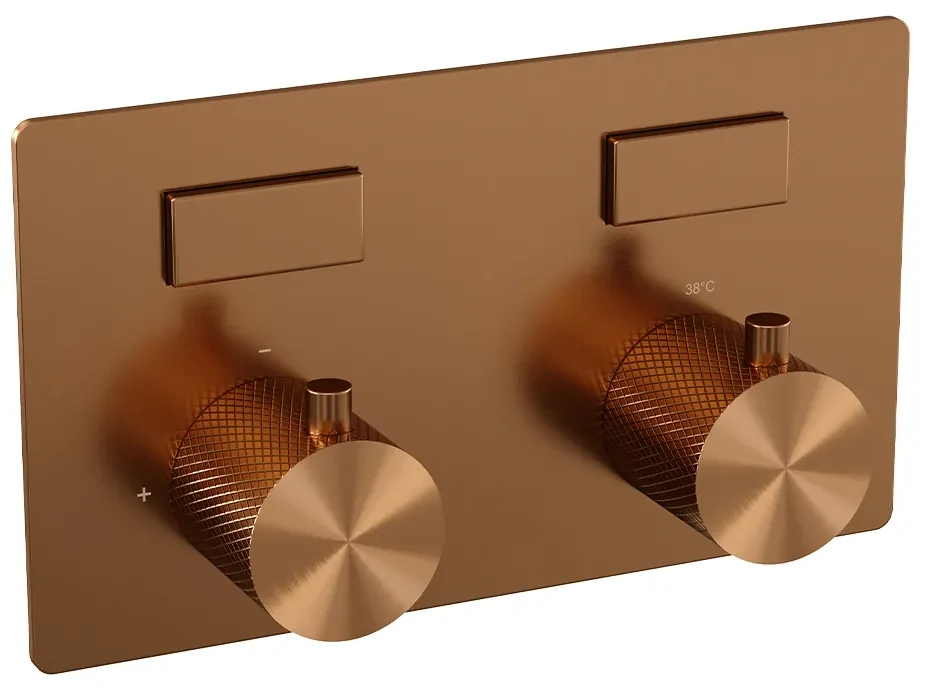 Brauer Copper Carving thermostatische inbouw regendouche met staafhanddouche, rechte muurarm, glijstang en hoofddouche 30cm set 62 koper geborsteld PVD