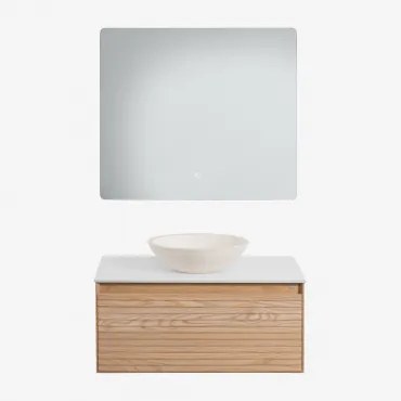 Tedrik Zwevend Badkamermeubelset 80x50 Cm In Essenhout Ash Brown & Rond Cement Wit Ø40 Cm Zavion & Rechthoekige Led En Anticondens 80x70 Cm Riben -