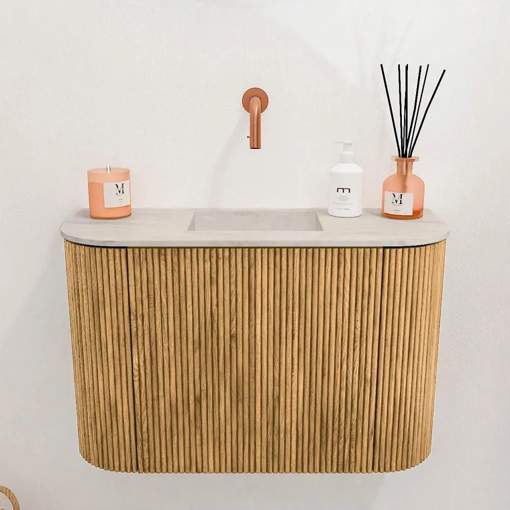 Mondiaz Joya DLux 65cm toiletmeubel ronding links/rechts oak met wastafel faye midden zonder kraangat ostra