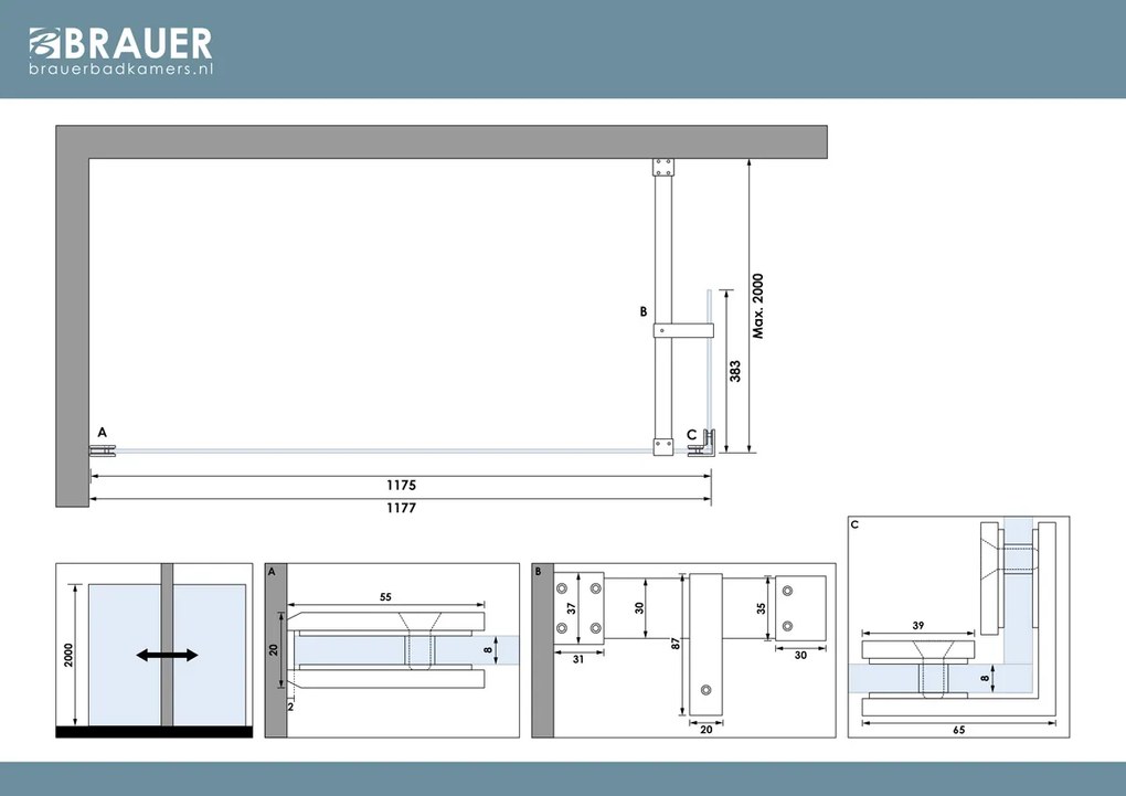 Brauer Void profielloze inloopdouche 120cm met 40cm zijwand RVS geborsteld PVD