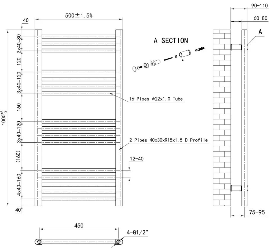 Eastbrook Wendover handdoekradiator 50x100cm 464W antraciet mat