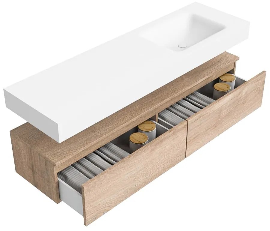 Zaro Alan badmeubel 160cm washed oak 2 lades met vrijhangende wastafel cloud rechts zonder kraangat talc