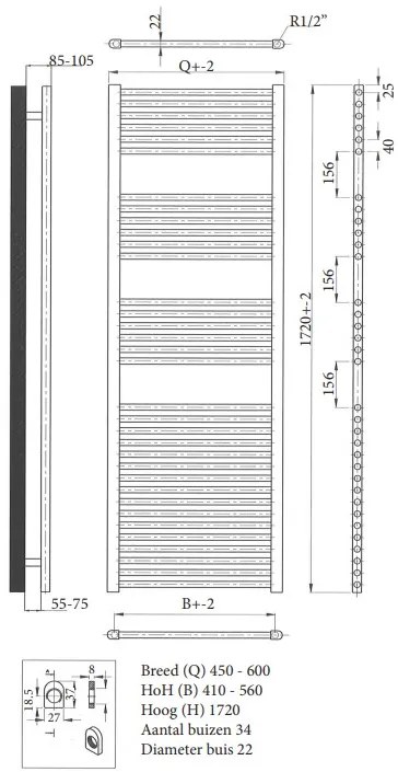 Sanicare design handdoekradiator 60x172cm zwart mat