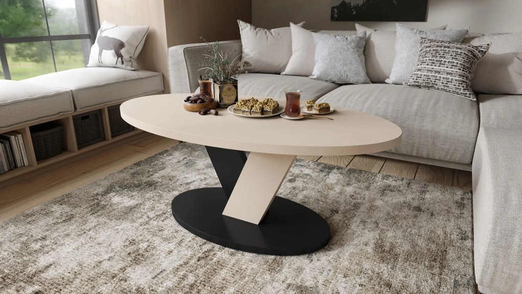 LOVA Beige/Zwart - OVALE SALONTAFEL 110x60 cm MODERNE KOFFIETAFEL