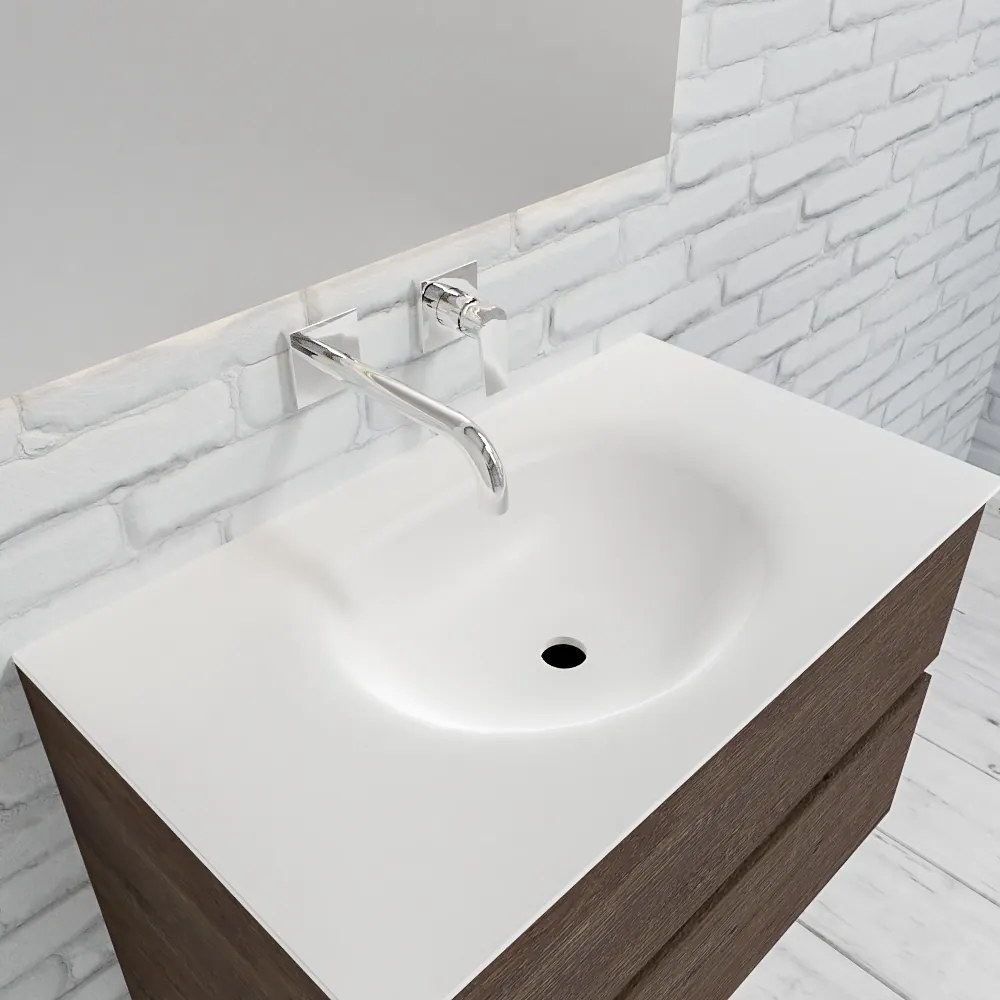 Zaro Sevilla Solid Surface badkamermeubel 80cm donker eiken zonder kraangat met 2 lades