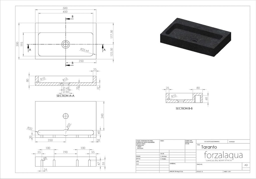 Forzalaqua Taranto wastafel 50x30cm zonder kraangat graniet