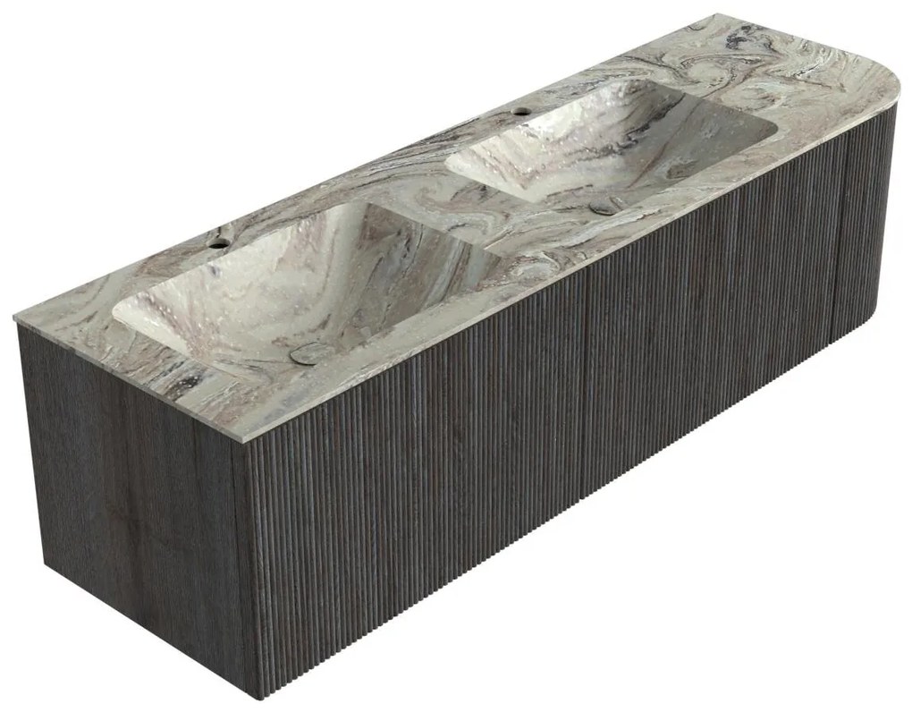 Mondiaz Kurve-dlux 155cm badmeubel ronding rechts shadow met 2 lades en 1 deur en wastafel leaf dubbel/links 2 kraangaten glace