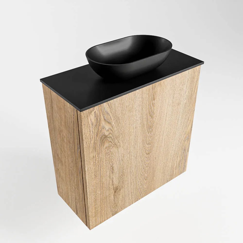 Mondiaz Fowy toiletmeubel 50cm washed oak met zwarte waskom midden zonder kraangat