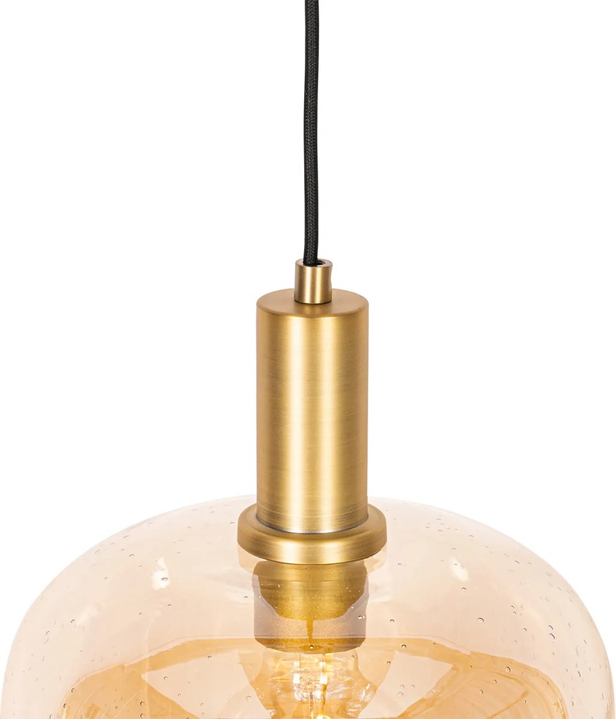 Smart hanglamp zwart met messing en amber glas incl. Wifi G95 - Zuzanna