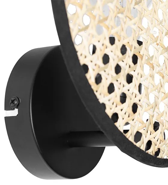 Landelijke wandlamp zwart met rotan 25 cm - KataOosters, Landelijk E27 rond Binnenverlichting Lamp