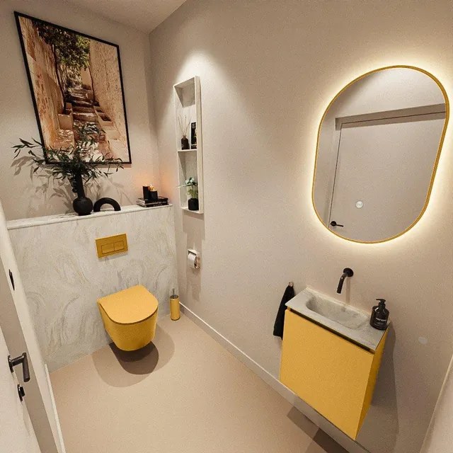 MONDIAZ TURE-DLUX 40cm toiletmeubel Ocher. EDEN wastafel Ostra positie midden. Zonder kraangat. TUREDX40OCHM0OST