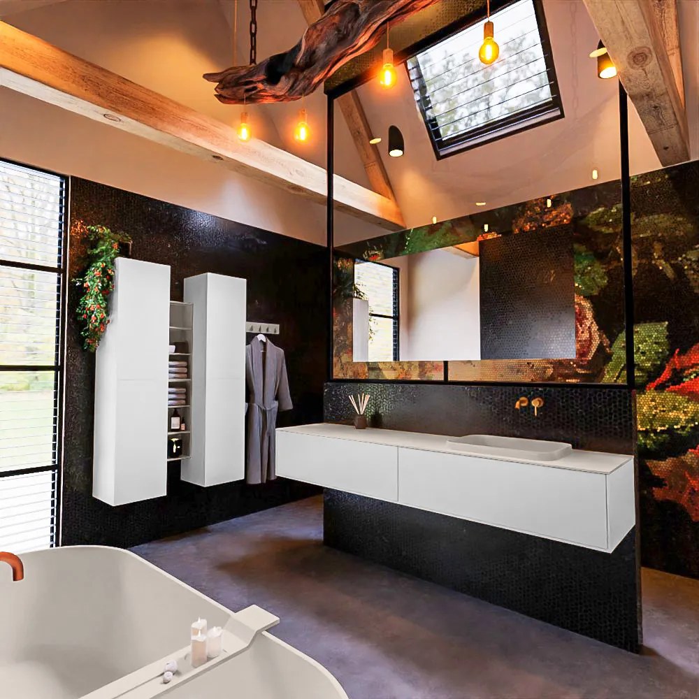 Mondiaz Erin 200cm badmeubel Talc met 2 lades en beige wastafel rechts zonder kraangaten